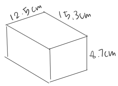 3D rectangular box showing dimensions 12.5cm × 8.7cm × 15.3cm