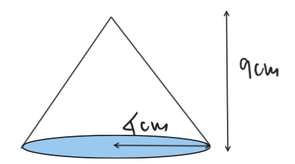 Cone with radius 4cm and height 9cm